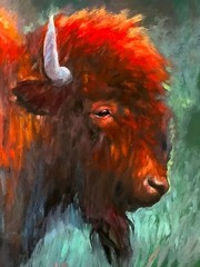 Original Oil Painting BUFFALO BULL FIRE Native WESTERN WOMAN Chickadee SUN GLOW
