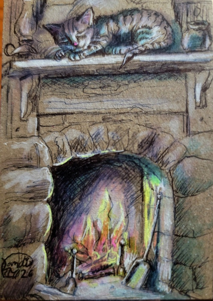 Jacob Landis HANDMADE ORIGINAL Whimsy ACEO Tabby Kitten Sleeps „above The Fire“