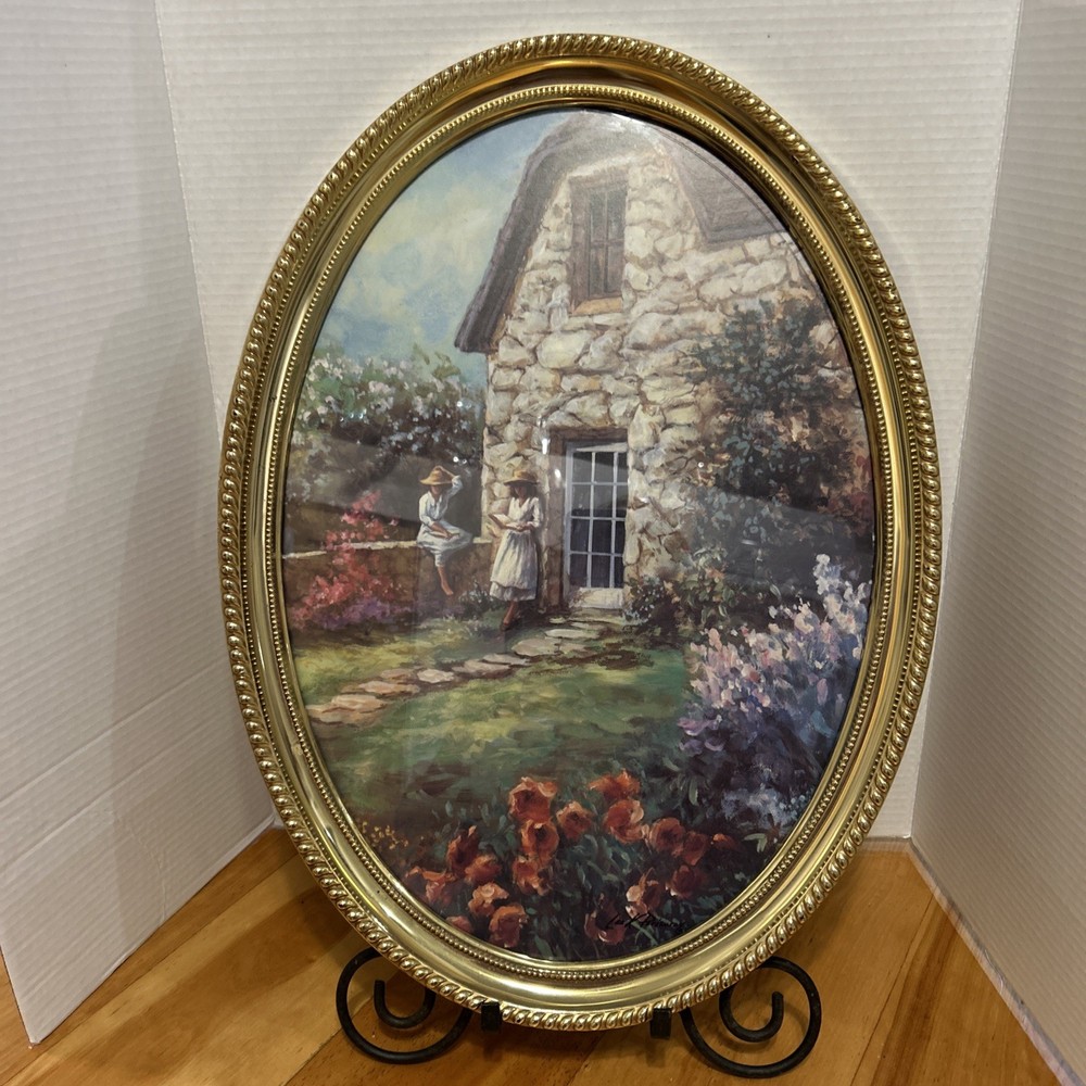 VTG 1982 Syroco Oval Shaped Cottage In Forest Framed Painting Wall Decor #3268