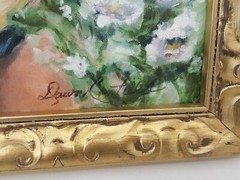 Original oil painting blonde girl green eyes flowers framed signed Dawn Canfield