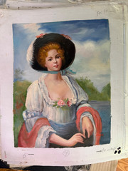 Vintage Rococo Style Lady Portrait Large Hat Decorative Oil Painting Art