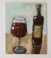 Wine Bottle & Glass Oil Original Painting Small Still Life Kitchen Decor