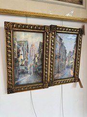 Pair Signed French Village Street Scene Watercolors M Guillebert Gothic Frames