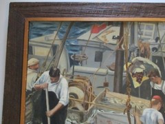 Antique Painting Fisherman Workers Industrial Regionalism Wpa Style Nautical Oil
