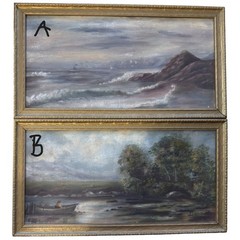 1912 Painting B – Water Boat w Man Stone Bridge Clouds Landscape Low Light 20×10