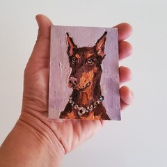 ACEO Original Painting Dogs Doberman Pet Portrait Animal Gouache Modern Artwork