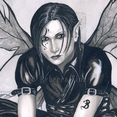 Gothic Male FAIRY Fantasy Art ORIGINAL PAINTING Cemetery Rose Tombstone Black WC