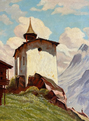 Landscape Mountain Church People Nature – Antique Painting Original