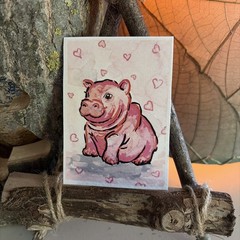 ACEO Print by AmberInWatercolor Cute Baby Hippo, Animal Storybook Animal