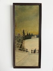 Original Vtg Framed Oil Painting Snowy Field w/ Fence & House Signed Dr HT Davis