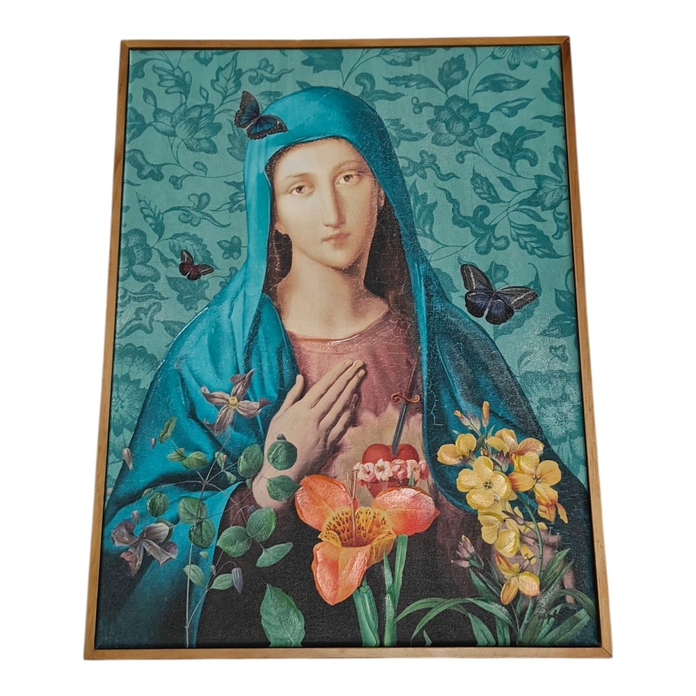Framed Canvas Artwork Madona Virgin Mary With Flowers Signed