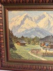 Vintage Heinz Theis 1894 -1966 Landscape Print On Board Framed Mountains Houses