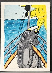 ACEO Original Art 2.5X3.5 Trading Card Actually, Cats Gray Tabby Boat Captain