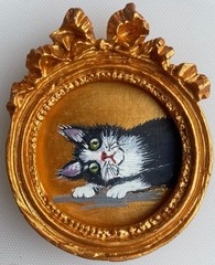 Miniature Black and White Cat Oil Painting Framed Tiny Tuxedo Cat Art
