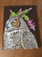 Vicki Sawyer Original Oil Painting Noel Great Horned Owl Cactus Bird Signed 12×9