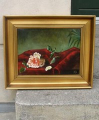 Fine still-life. Pink rose on a red velvet cloth. Ca 1880. Signed.