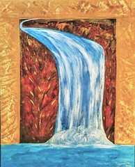 PAINTING, ENTITLED; ‚CASCADE D’AUTOMNE‘, WATERCOLOR, STRETCH CANVAS,FREESHIP