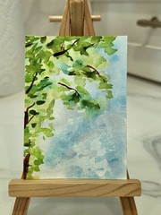 ACEO Art Card, Abstract Botanical, Leaves, Watercolor, 2.5×3.5in