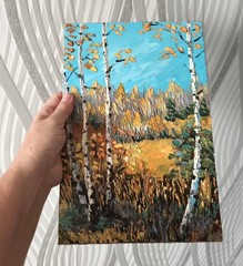 Original Oil Painting Autumn Birch Forest Textured Landscape 8x12in Panel Signed
