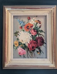 Vtg B Leonard Original Art Floral Rose Bouquet Still Life Painting on Wood Frame
