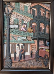 Vtg FramedHand Painted 3D Woodgraph Bourbon St New Orleans By Dore Skidmore 1991