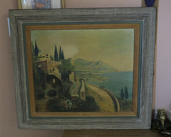 Vintage Signed Oil On Canvas Painting Italian Riviera Landscape Framed 20″ x 24″