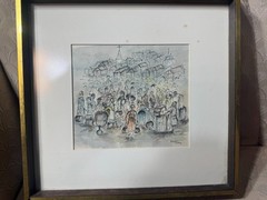 Jennifer Myerberg „Many Figures Scene“ Pen, Ink And Watercolor Painting – Framed
