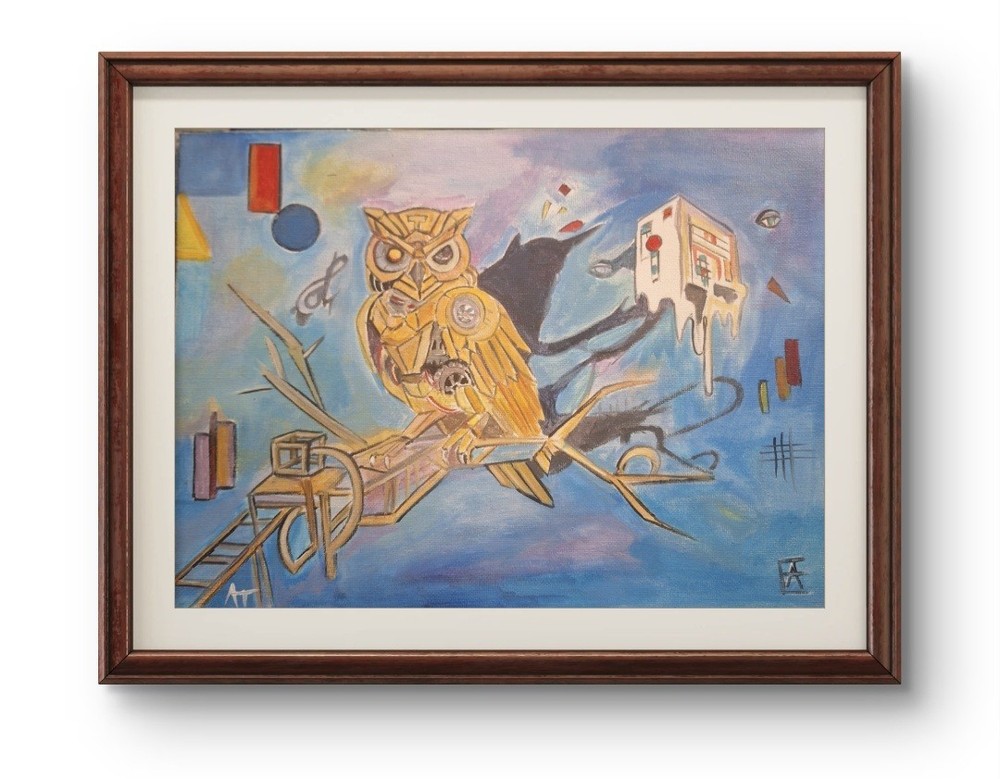 Original Signed 9×12 Bold Owl Machine Acrylic Expressionist Art On Paper