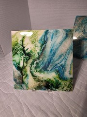 Ceramic Tile Abstract Acrylic Pour Painting Fluid Art Set of 2 Blue Gold Green