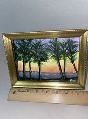 Tropical Landscape Painting Coastal Seascape Palm Trees Ocean sailboats 7.5×6”