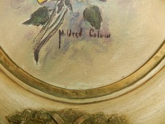Vintage Mildred Colvin Yellow Rose Floral Painting on Canvas Oval Frame (O33S)