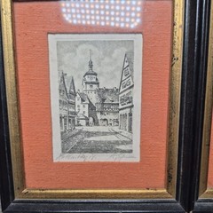 Vintage Pair Of 2 Mini Lithographs Signed European Architecture Framed