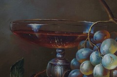 Vintage Still Life Fruit Grapes Wine Oil Painting on Canvas Gold Frame 27″