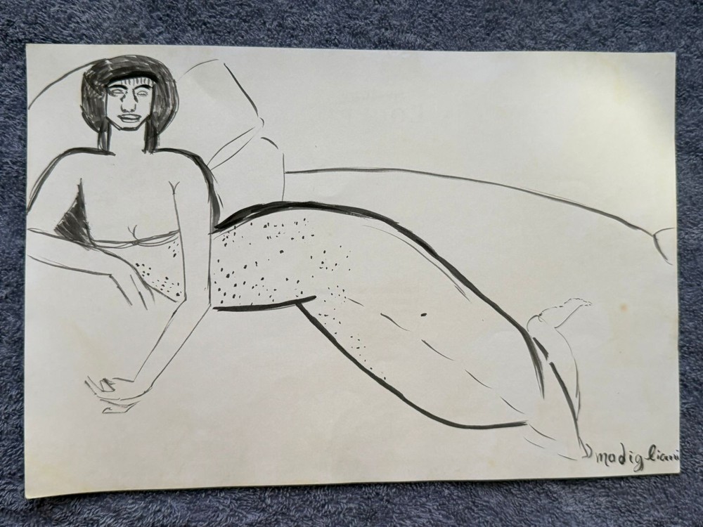 AMEDEO MODIGLIANI drawing and painting on old paper signed stamped vintage