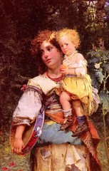 Oil painting Cesare-Auguste Detti – gypsy woman and child in forest landscape