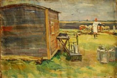 Ukrainian Soviet Oil Painting impressionism socrealism dairywoman figure milk