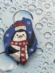 Whimsical Penguin Wearing Red Scarf and Snow Hat, Christmas Winter painted rock