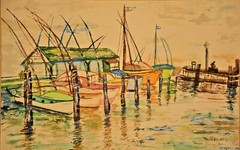 MILLER Original Vintage Signed Miami Fishing Boats Seascape Watercolor Painting
