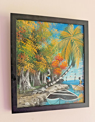 Signed Tropical Coastal Folk Art Painting Framed Palm Tree Boats 11.5×14.75