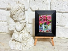 Framed ACEO Original Oil Painting Roses Flowers Vase Art Impasto Signed