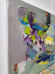 Abstract oil painting 8″x8″ Contemporary art, Angel, Gray, Blue, Yellow, Impasto