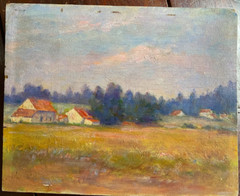 Oil painting Monogr. M.P. View of white houses on field landscape in autumn