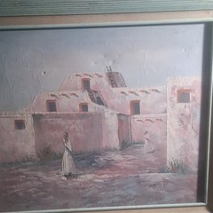 Mescal Framed Signed Oil Painting Pueblo Scene with Women Impressionism Canvas