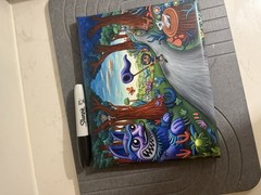 Signed Small Fantasy Cartoon Forest Animals Canvas Painting, Unframed
