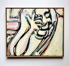 Vintage Figural Abstract Painting Bright Moody Modernism 24” Mystery Artist MCM