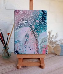 Abstract acrylic picture 18×24 cm color petrol blue coral red painting on canvas