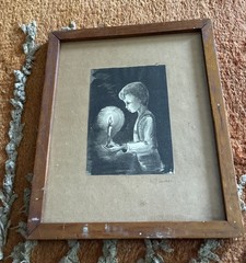 Vintage Watercolor Pencil Signed Young Boy Candlelight Signed H Tischer