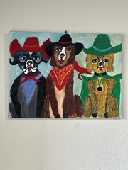 Original oil painting of three Cowboy dogs 24 x 18 Pop Culture by artist A.M.