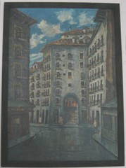 Vintage Ricardo Rivas Large Painting Ultramarinos Barcelona Street Scene 1960’s