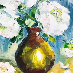 Original Impasto Peony Painting Coffee Table Decor Gift Flower Vase 6 x 6″